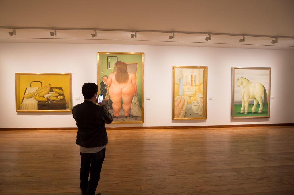 A person facing backwards taking a picture of the artworks at Botero Museum in Bogota, Colombia using a mobile phone.