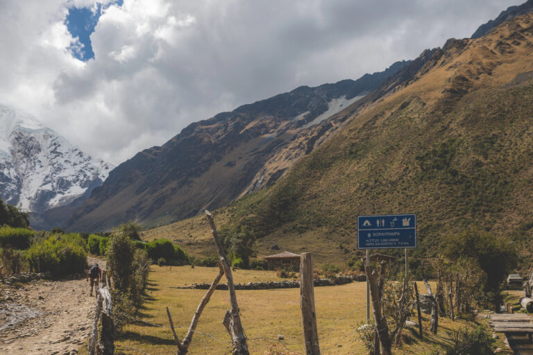 First checkpoint and camping site from Salkantay trek in Cusco, Peru A view of the first checkpoint and camping site along the Salkantay Trail, Peru