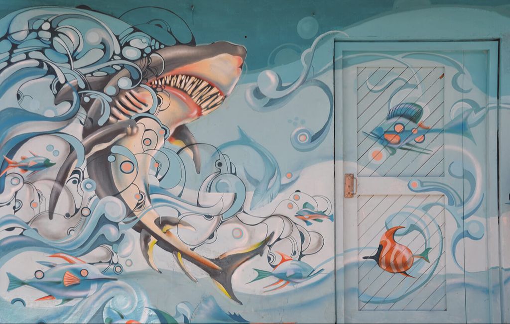 A wall art of underwater creatures in La Candelaria, Bogota, Colombia.