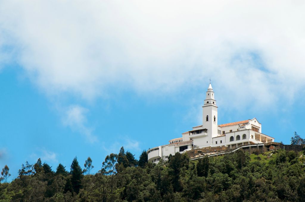 The view of Monserrate Church on a mountain in Bogota, Colombia.