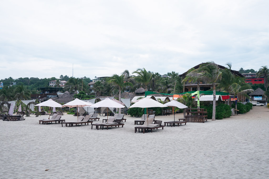 Playa Zicatela beach with chairs and umbrellas, huts, and palm trees.