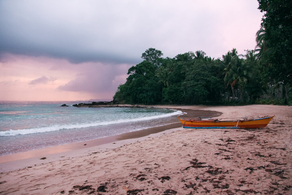 A beach scene in Palawan features a sandy shore 