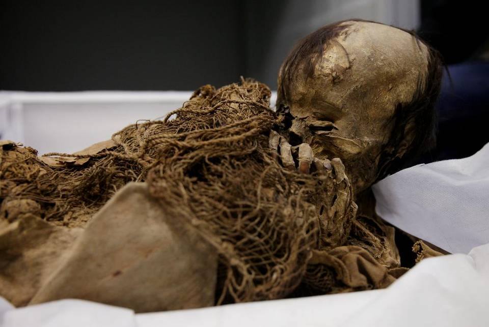 A figure of remains inside the Gold Museum in Bogota, Colombia.