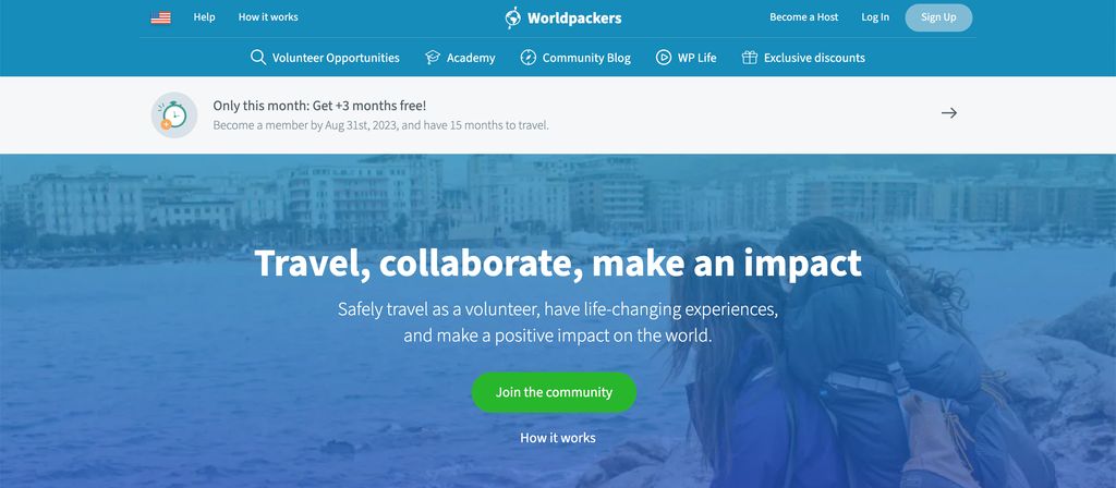 The homepage of worldpackers.com