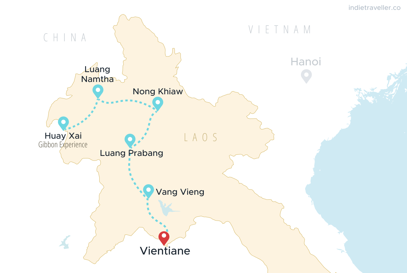 A map of Laos, including Vientiane, Luang Namtha, Nong Khiaw, Huay Xai, Luang Prabang, and Vang Vieng.